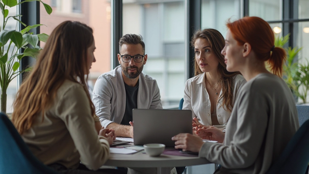 Twee personen in gesprek aan tafel met kopjes koffie, open lichaamstaal, heldere werkruimte, zachte verlichting van voorkant