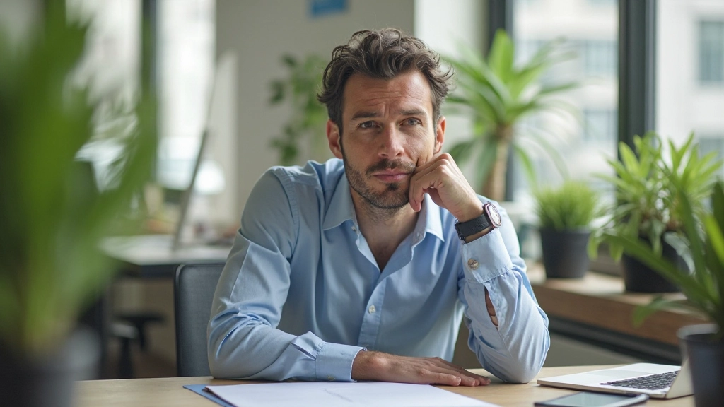 Persoon in kantoor zit bezorgd aan bureau, denkt na over feedback, rustige werkruimte met groene planten, natuurlijk licht