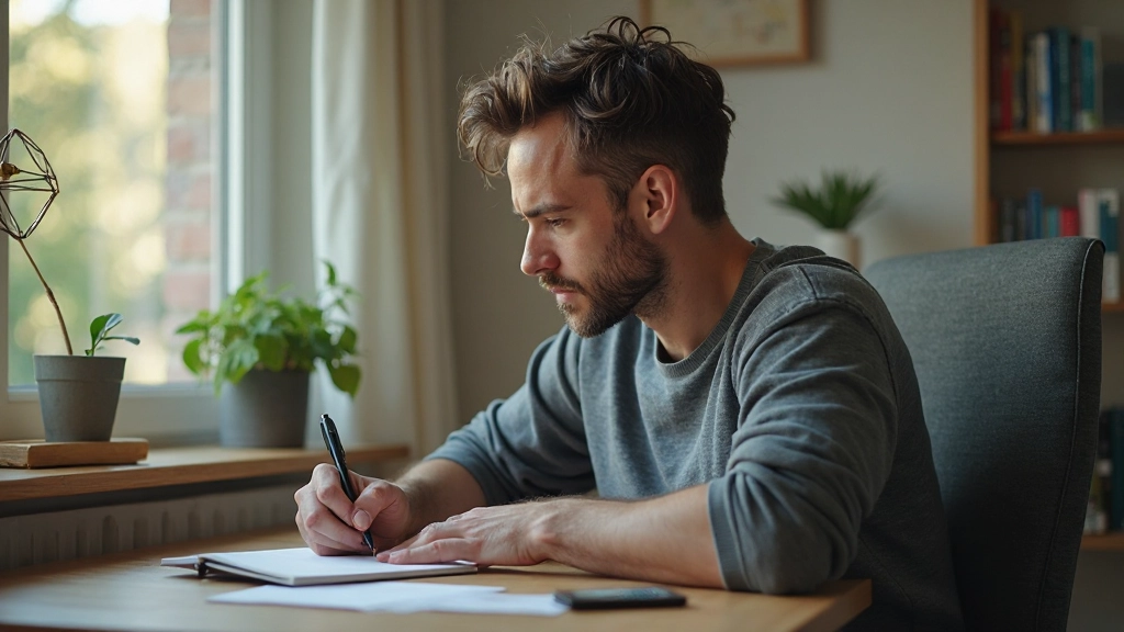 Persoon schrijft in notitieboek met koffie op tafel, creatief brainstormen moment, inspiratief daglicht
