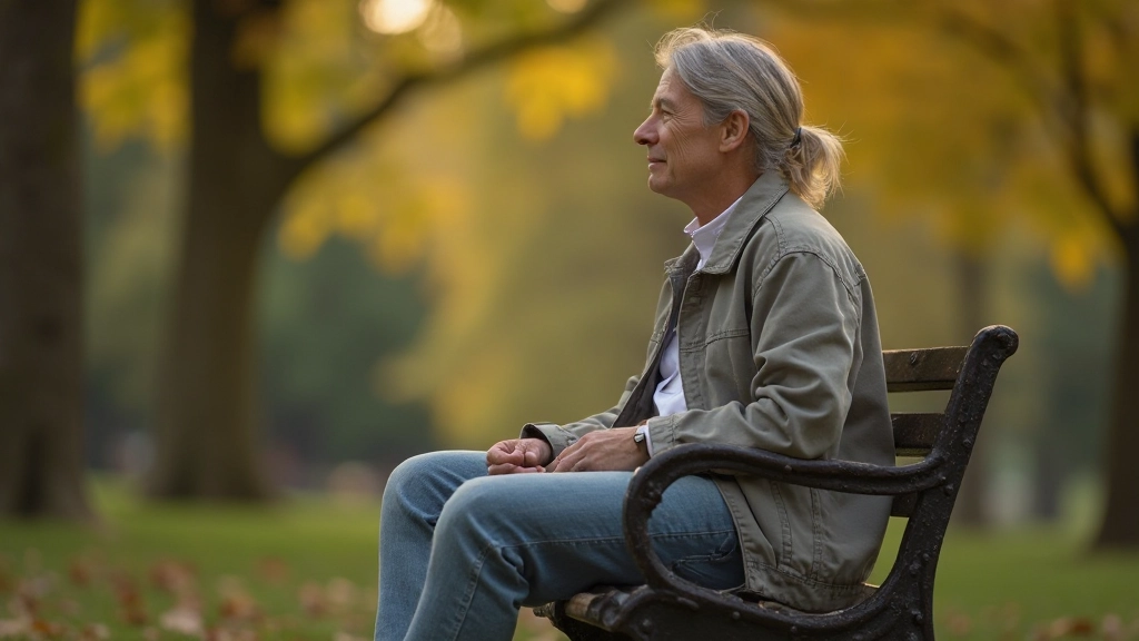 Persoon zit rustig op bankje in park, reflectief moment, zachte verlichting, groen landschap