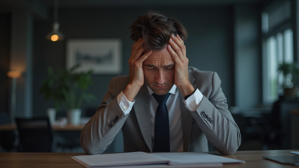 Persoon zit aan bureau met hoofd in handen, uitgeput moment, donkere werkkamer, ernstig gezicht