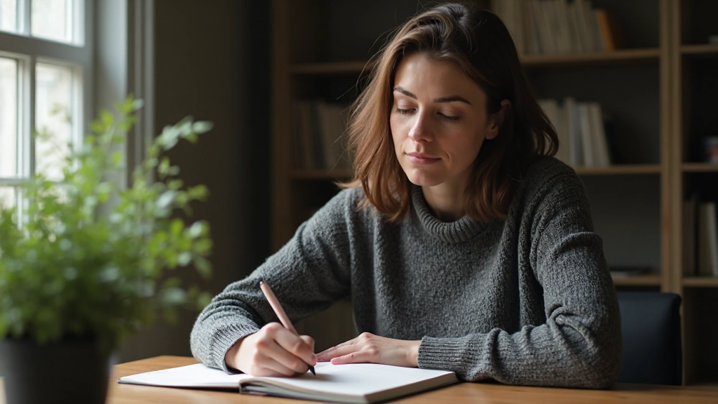 Persoon zit aan houten bureau met notitieboek en potlood, concentratie op gezicht, natuurlijk licht van zijkant, werkruimte met groene plant op achtergrond
