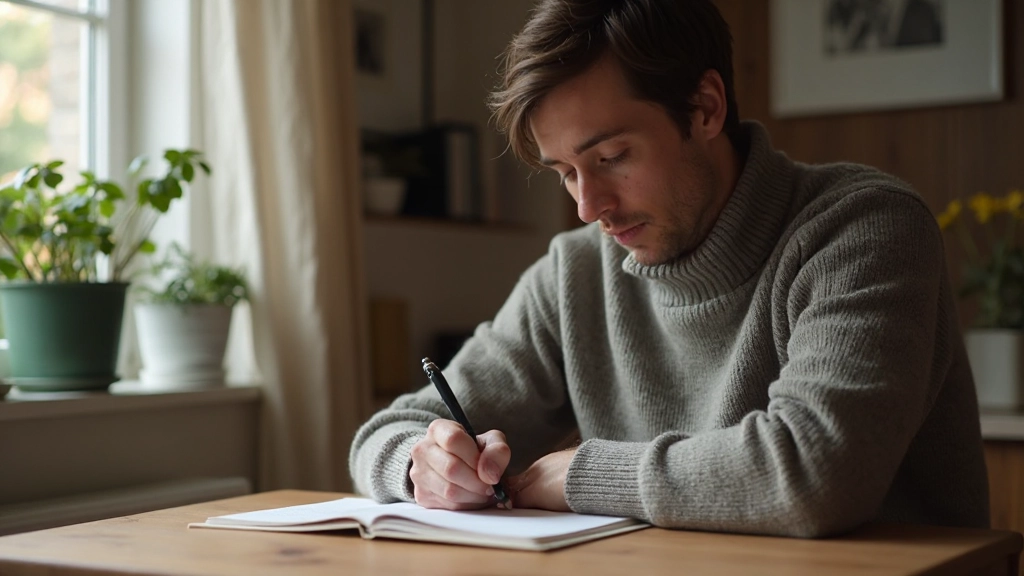 Persoon schrijft in notitieboek aan houten tafel met warme verlichting, kalme huiskameromgeving, geconcentreerde uitdrukking