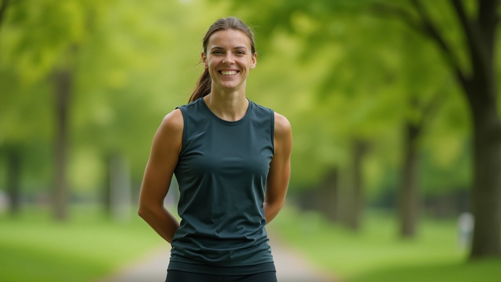 Persoon loopt buiten in park met groen omgeven, glimlachend gezicht, ontspannen houding, zonnig weer, natuurlijke omgeving
