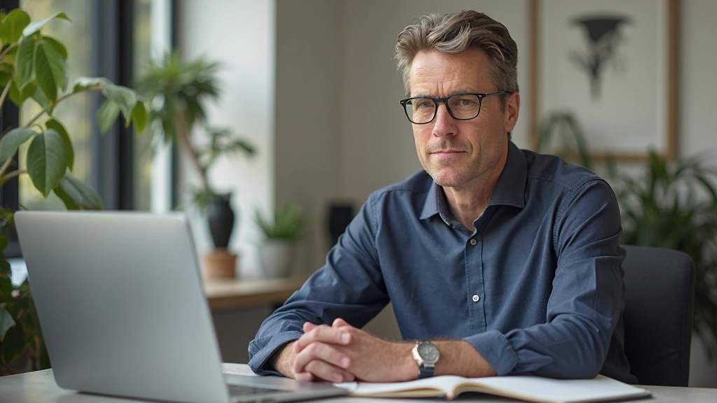 Persoon zit met open laptop en notitieboek, handen ondersteunend op bureau, ernstige maar hoopvolle uitdrukking, huiskantoor setting