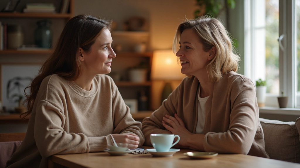 Twee mensen zitten samen en praten, warme sfeer, kopjes thee op tafel, gezellige woonkamer met zachte verlichting