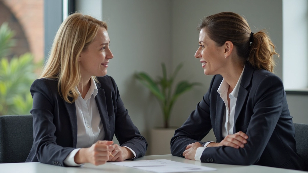 Twee mensen in gesprek aan tafel, positieve lichaamstaal, notities en kopjes koffie, ondersteunend moment