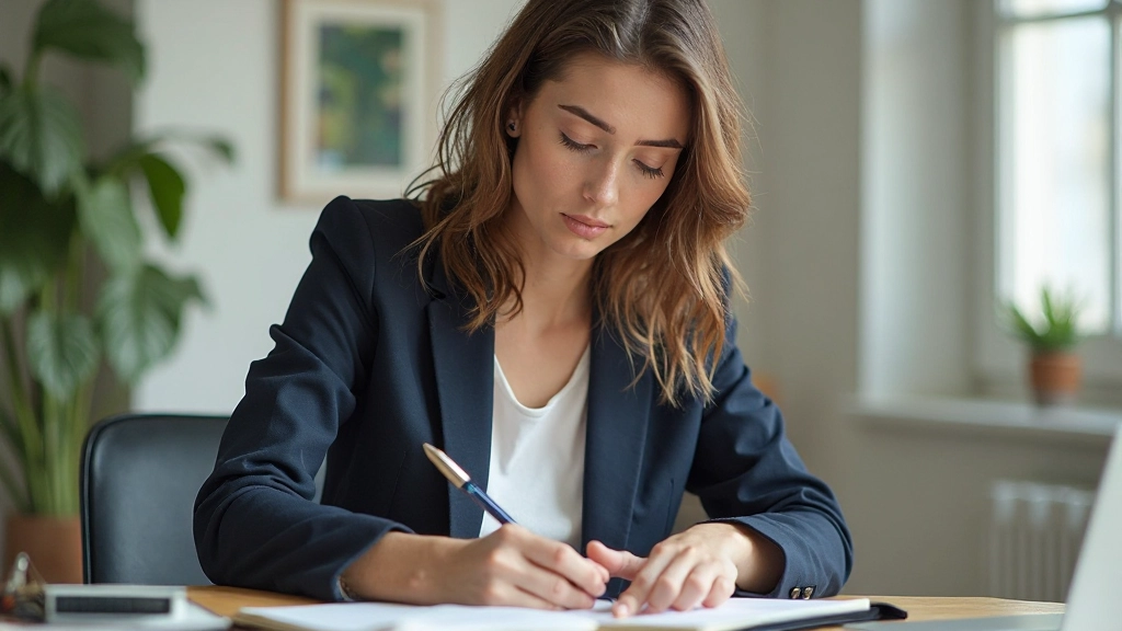 Persoon schrijft notities in notitieboek, reflectief moment, zachte kantooromgeving met schrijfbenodigdheden, concentratie en groei