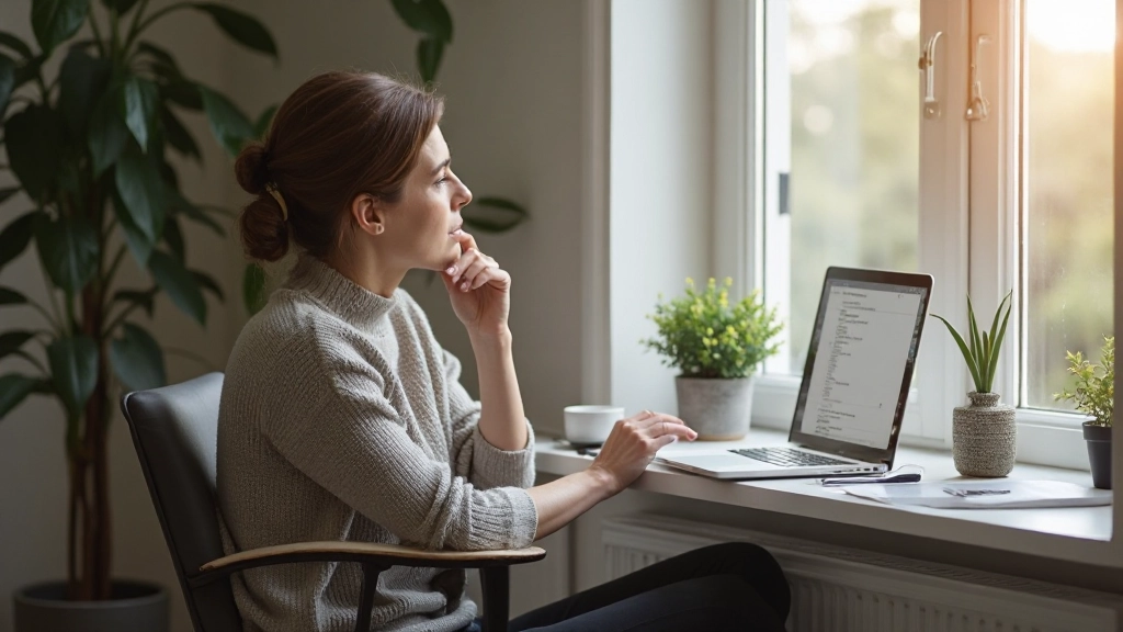 Persoon in reflectieve houding bij raam, zonlicht, laptopbureaublad zichtbaar, moment van stilte en nadenken