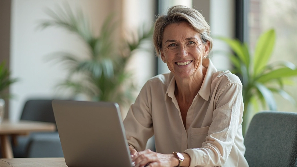 Persoon aan computer met glimlach, bezig met online leren of netwerken, positieve energie, lichte werkruimte
